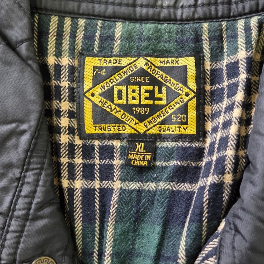 Obey Quilted Workwear Jacket Plaid Lined Snap Front XL - Picture 5 of 7